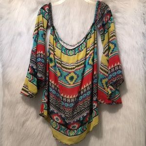 Colorful Aztec Off the Shoulder Bell Sleeve- Small